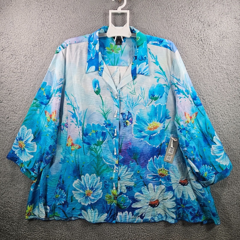 NEW Ali Miles Shirt Top Women 2X Triangle Button Garden Butterfly Print Blue